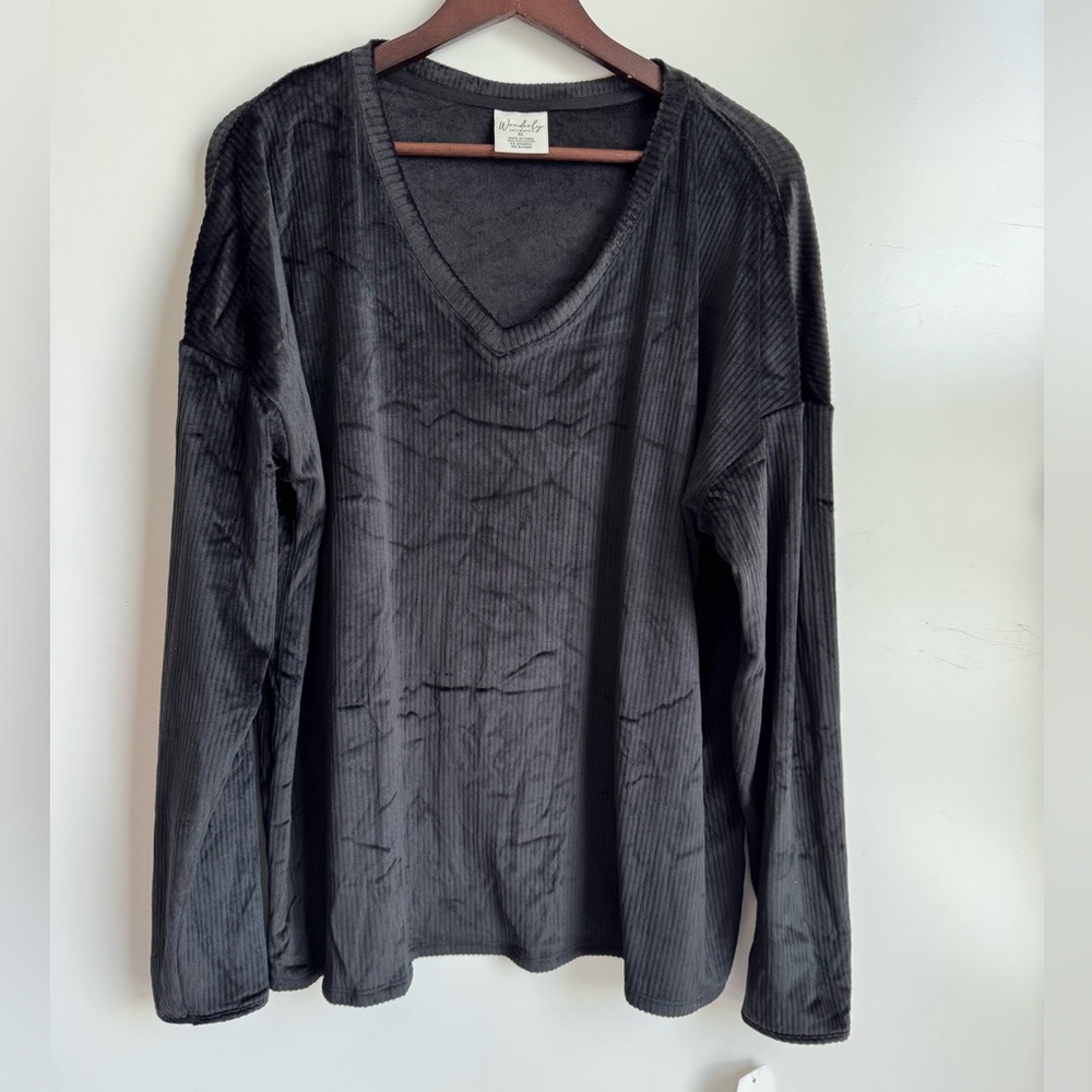 NEW Wonderly Velour Velvet 2 piece Pajama Set Black Women XL long sleeve‎ pant